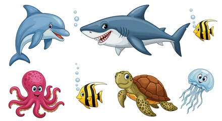 Fototapeta premium Cartoon sea animals including dolphin shark octopus turtle jellyfish