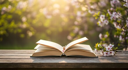 Open Book on Wooden Table in a Sunny Garden