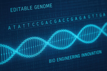 Editable genome bio engineering innovation concept with DNA strand and genetic code in futuristic digital style