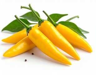 Closeup of Glossy Yellow Chili Peppers with Green Leaves