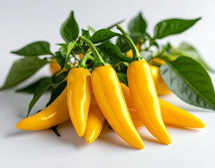 Closeup of Glossy Yellow Chili Peppers with Green Leaves