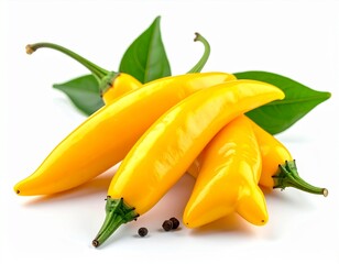 Closeup of Glossy Yellow Chili Peppers with Green Leaves