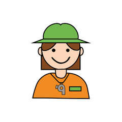 Girl scout character. Outdoor adventure spirit. Happy explorer figure. Green hat vector.