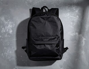 Matte Black Backpack on Concrete Background – Top View