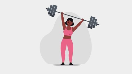 Vector animation of a strong athletic woman with dark skin lifting a barbell overhead while wearing a pink sports outfit. Isolated on a light abstract background. Ideal for fitness videos, workout pro