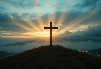 Glowing lights illuminate silhouette of Christian cross at sunset, Christianity theme

