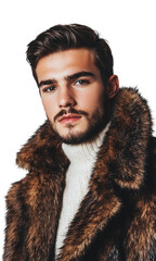 Close-up of a young handsome man wearing fashionable fur jacket, winter fashion concept, isolated on transparent background.