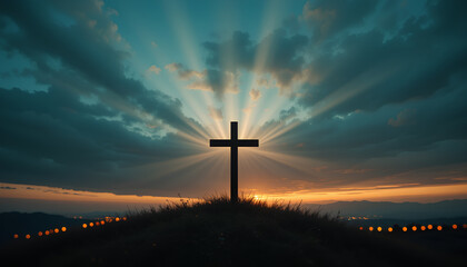 Christianity faith in sunset scene with lights and silhouette of Christian cross


