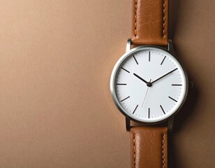 White Wristwatch with Caramel Leather Strap on Brown Background