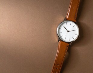 White Wristwatch with Caramel Leather Strap on Brown Background
