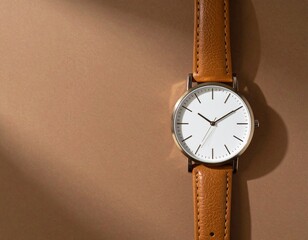 White Wristwatch with Caramel Leather Strap on Brown Background