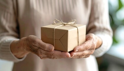 Aged hands holding a gift box
