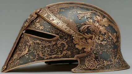 Ornate Bronze Helmet Collection: Ancient Warrior Headgear with Intricate Floral Designs - Powered by Adobe