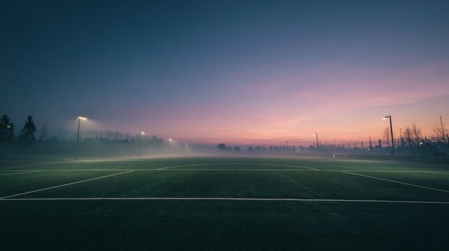 Empty Soccer Field at Dusk/Dawn with Fog, Lights: Atmospheric Sports Ground