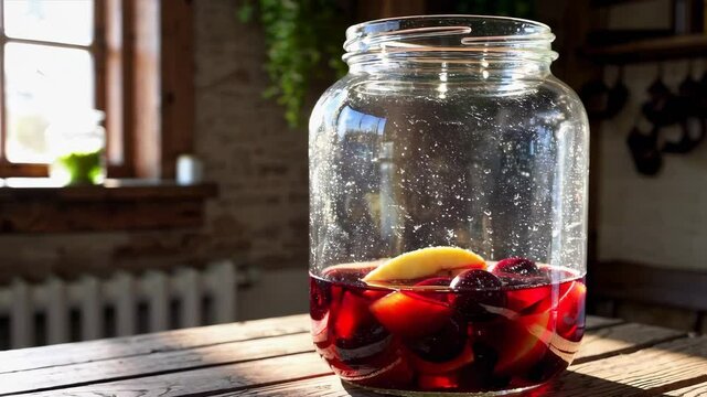 Close-up shot of homemade fruit compote in a glass jar with apples and berries on a rustic kitchen table, cozy countryside vibe.