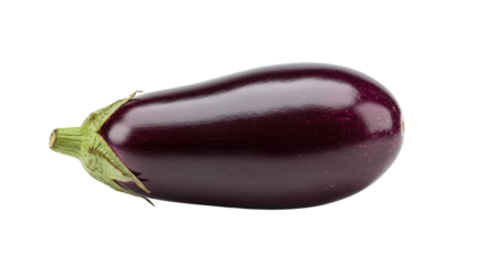 Glossy elongated eggplant with vibrant green stem isolated on white
