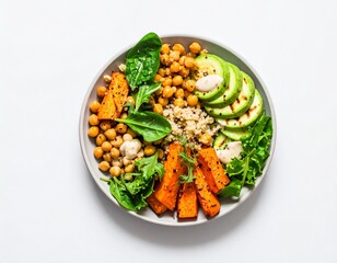 Healthy Lunch Plate with Quinoa, Sweet Potatoes, and Chickpeas – Top View