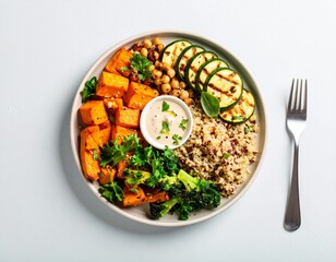 Healthy Lunch Plate with Quinoa, Sweet Potatoes, and Chickpeas – Top View