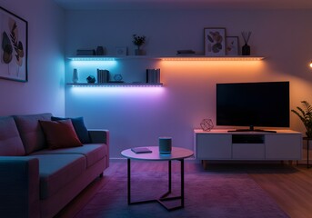 Modern living room with smart LED strip lighting in vibrant pink and blue hues. Home automation, entertainment, smart home