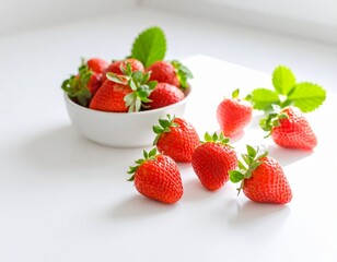 Fresh Strawberries with Leaves – Closeup on White Background