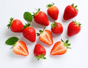 Fresh Strawberries with Leaves – Closeup on White Background