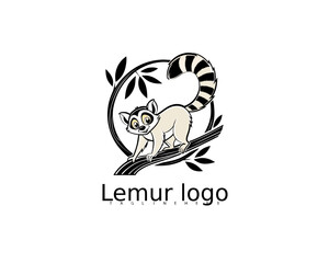 Naklejka premium Cute lemur cartoon perched on a jungle branch inside foliage circle, perfect for organic baby packaging, jungle nursery branding, and playful animal-themed logos.