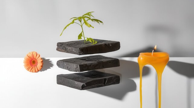 Tranquil Still Life: Black Stone Platforms, Germini Flower, and Melted Candle