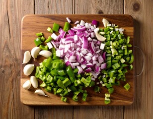 Chopped Onions, Peppers and Garlic on Cutting Board – Overhead View