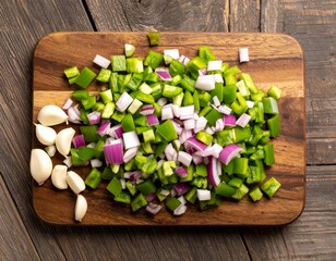Chopped Onions, Peppers and Garlic on Cutting Board – Overhead View
