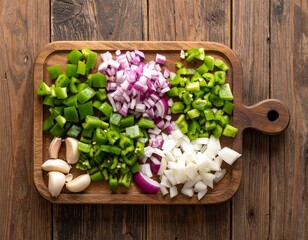 Chopped Onions, Peppers and Garlic on Cutting Board – Overhead View