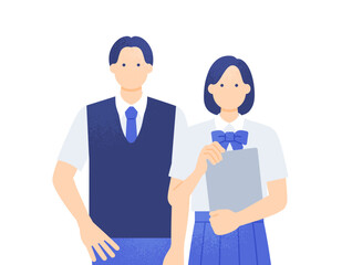 Fototapeta premium タブレットを持つ女の子 夏服のブレザー制服姿 男女学生の正面ベクターイラスト素材