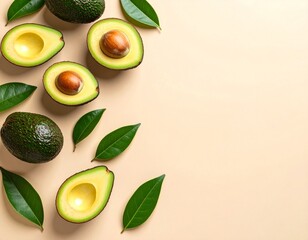 Fresh Avocados with Green Leaves – Whole and Halved