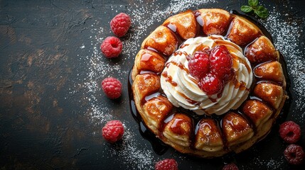 Obraz premium Delicious Belgian Waffles with Raspberries and Whipped Cream