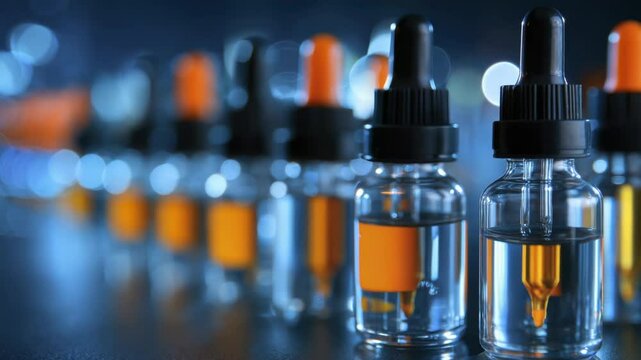 Bottles with Droppers Containing Liquid Medicinal Extract Arranged on Table