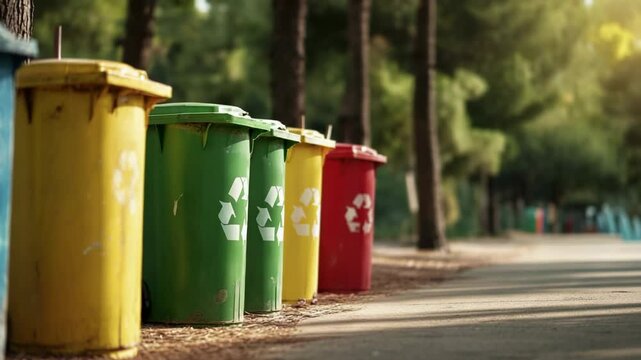 Colorful Waste Bins for Sorting Recycle Materials in Park