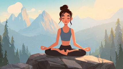 Fototapeta premium Woman meditating on mountaintop, International Day of Yoga