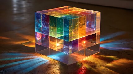 Transparent cube filled with vibrant internal light