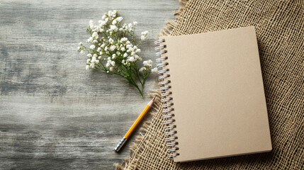 Realistic Mockup of Blank Spiral Notebook with Pencil and Flower, Generative AI