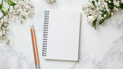 Realistic Mockup of Blank Spiral Notebook with Pencil and Flower, Generative AI