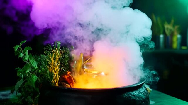 Colorful smoke rising from a cauldron with herbs.
