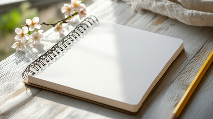 Realistic Mockup of Blank Spiral Notebook with Pencil and Flower, Generative AI
