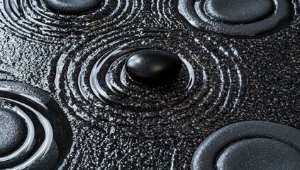 Dark, smooth, circular patterns on a textured surface. A single dark sphere rests in the center