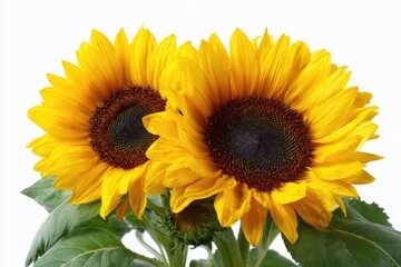 Fototapeta premium Bright sunflowers standing tall in a sunny summer garden, facing sunlight with white background