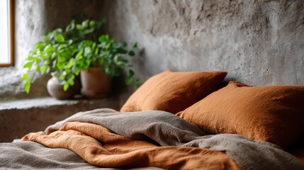 Cozy bed with textured rust-colored pillows and blankets beside a window, featuring a rustic wall and a green potted plant on the windowsill.