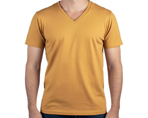 Mustard Yellow V-Neck T-Shirt Mockup Man Wearing a Plain Tee, Perfect for Design Presentation