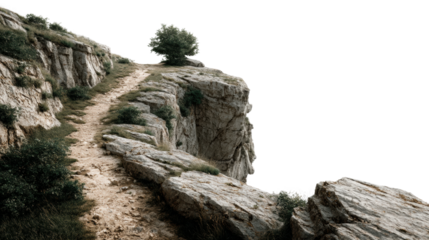 Hiking adventure on rocky cliff trail remote location nature scenic views cut out png