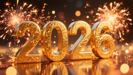 A scene featuring the year 2026 in bold, golden 3D letters with a textured, reflective surface. Happy New Year, Happy New Year 2026, Merry Christmas And Happy New Year