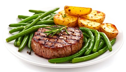 Grilled steak with green beans and roasted potatoes