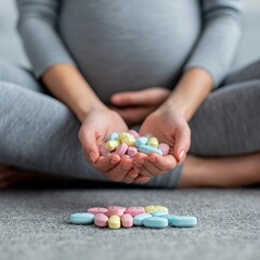 A pregnant woman holding colorful pills. She is sitting with her hands out, displaying the medicine.