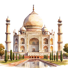 Obraz premium Detailed Watercolor Taj Mahal Painting Cream Beige Gold Green Architectural Landmark India isolated on a transparent background